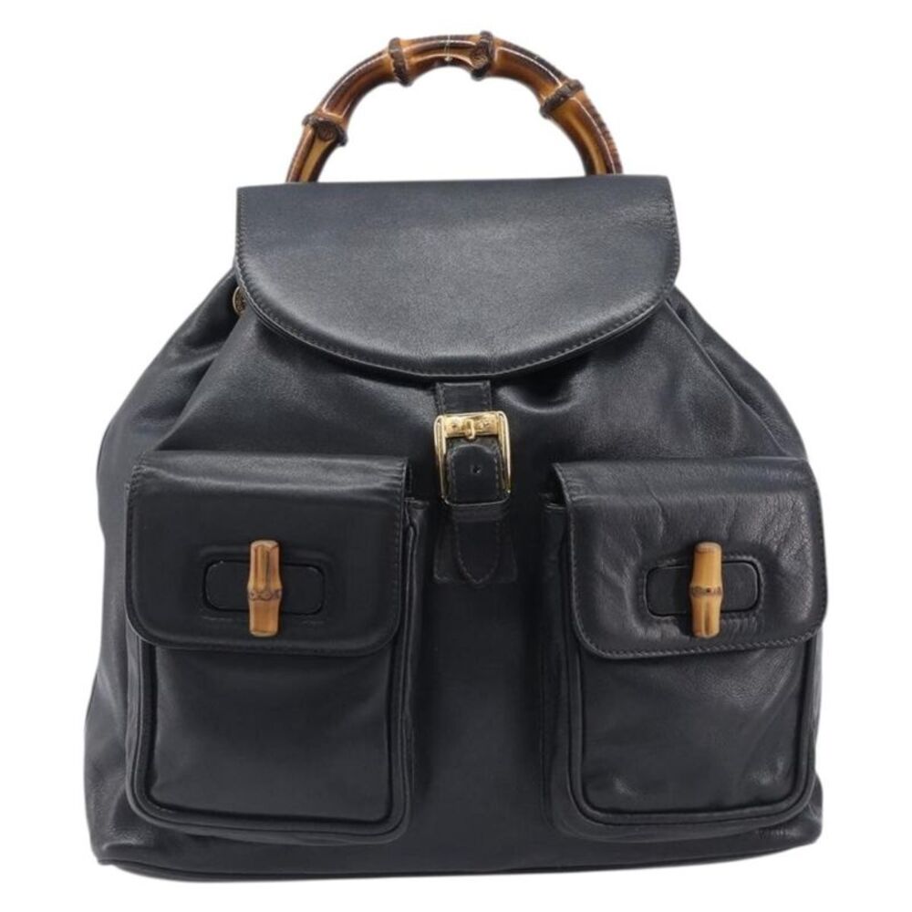 Gucci Vintage Bamboo Leather Black Leather Backpack Bag